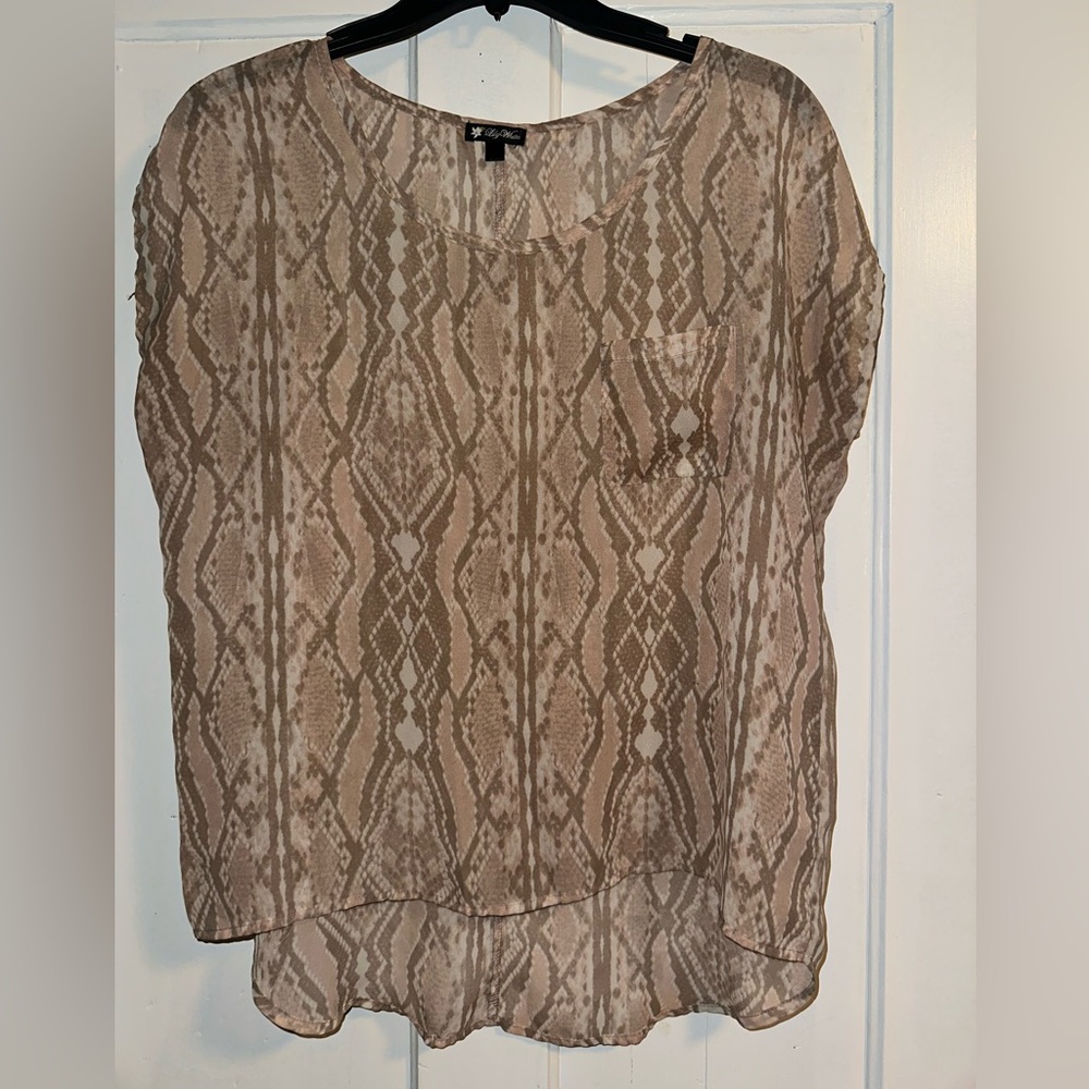 Lily White Beige Snakeskin Patterned See-Through Blouse